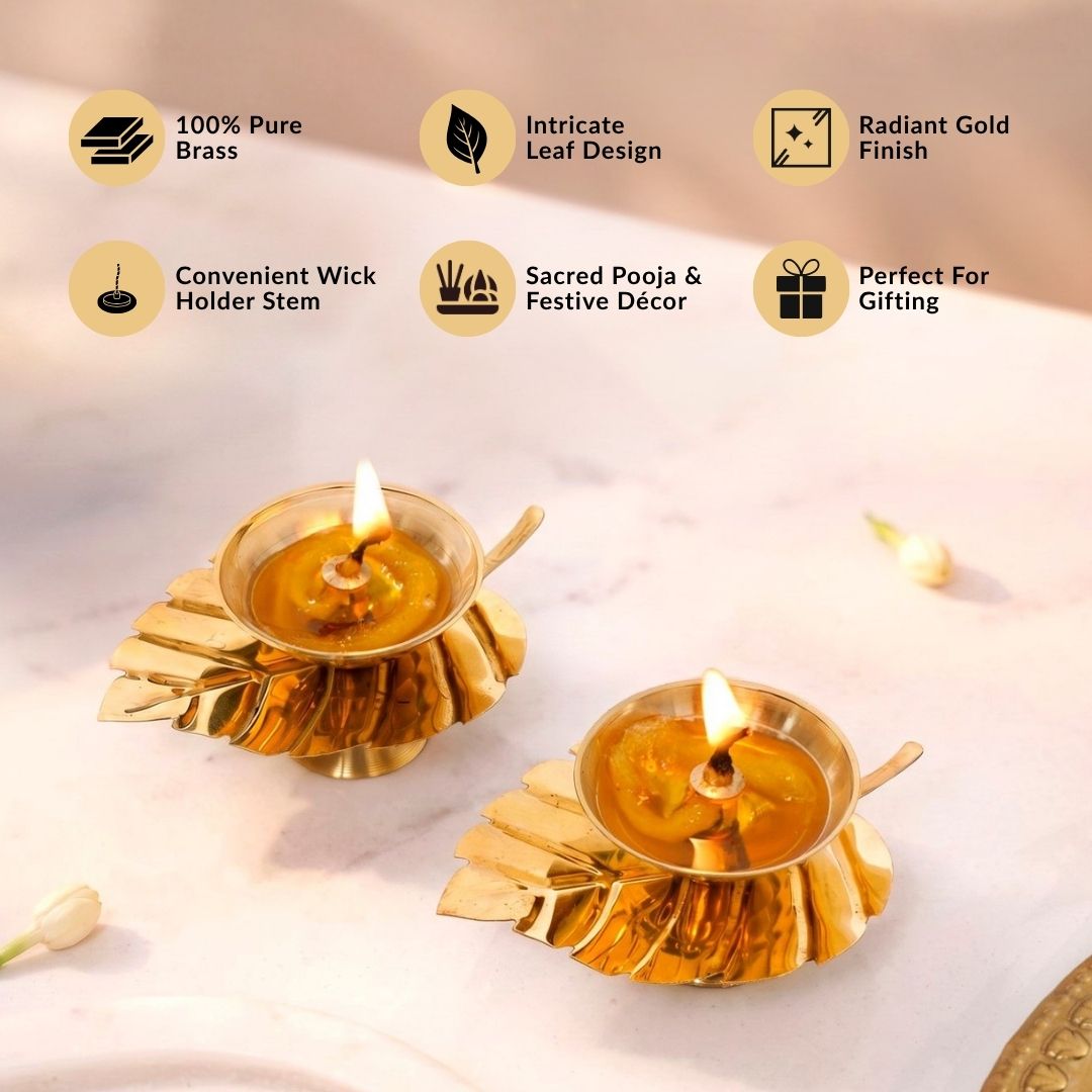 Gold Leaf Pure Brass Diya Set Of 2 In Gift Box Nestasia