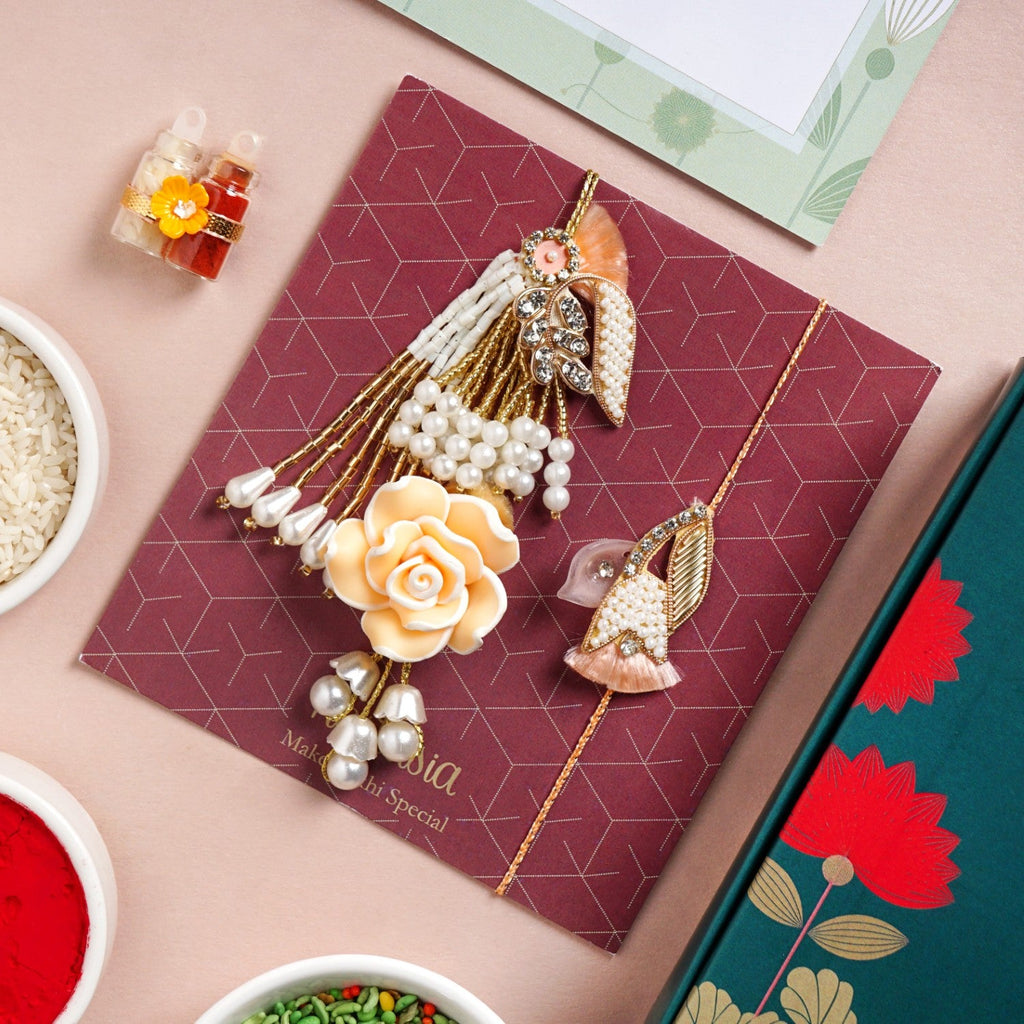 Peach Rose Pearl Rakhi And Lumba Set Nestasia