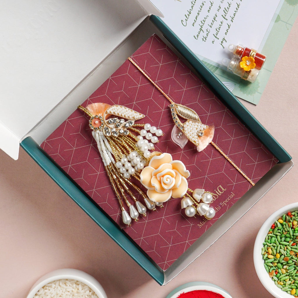 Peach Rose Pearl Rakhi And Lumba Set Nestasia