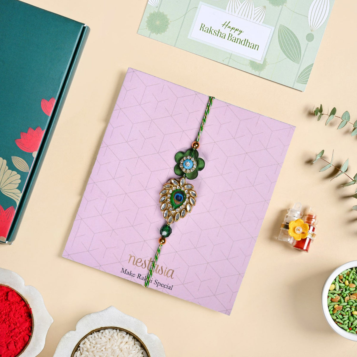 Peacock Kundan Rakhi Gift Set Nestasia