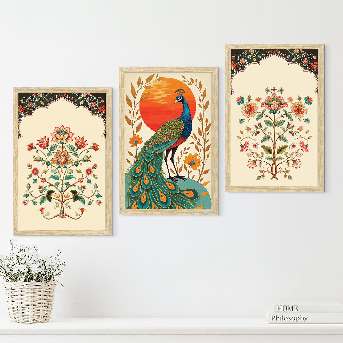 Peacock Floral Abstract Madhubani Art Paintings, Painting For Wall Living Room, Set of 3 AXIII-54-PEA ArtX