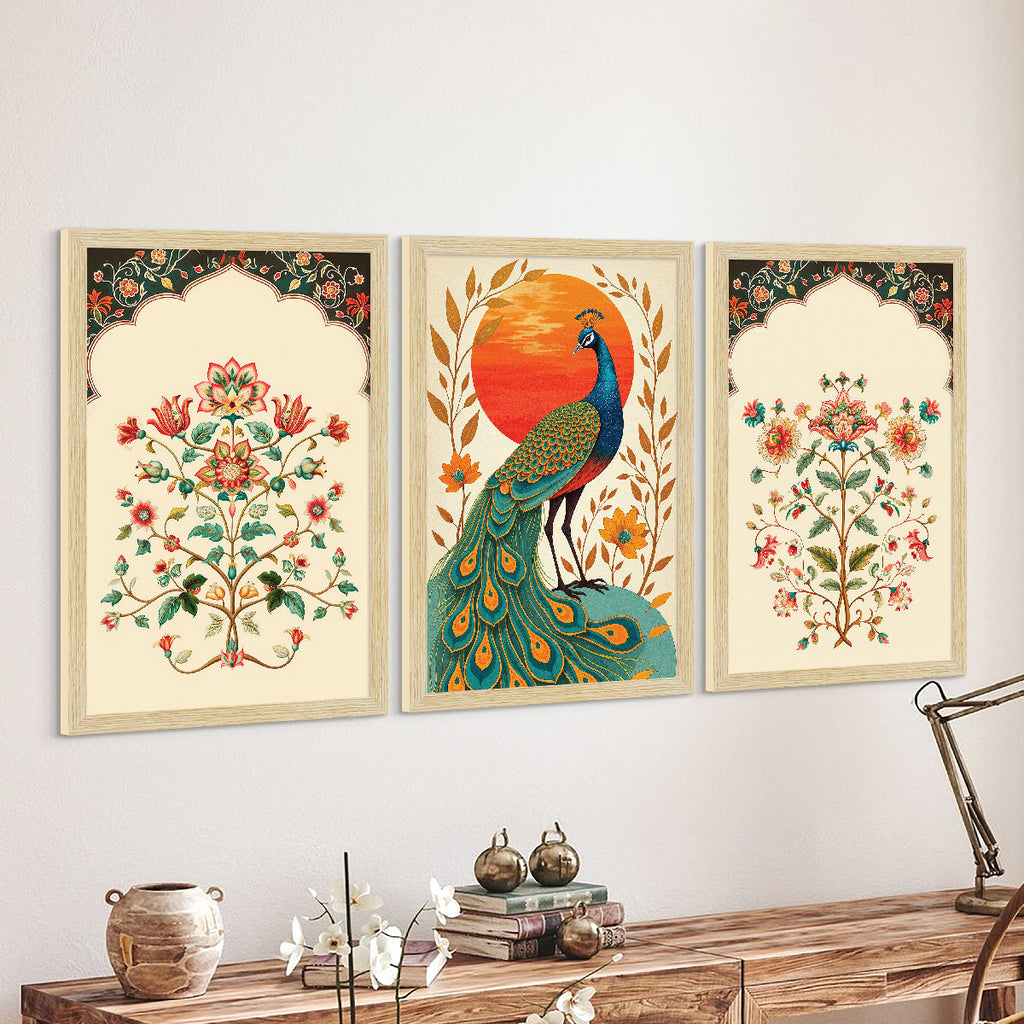 Peacock Floral Abstract Madhubani Art Paintings, Painting For Wall Living Room, Set of 3 AXIII-54-PEA ArtX
