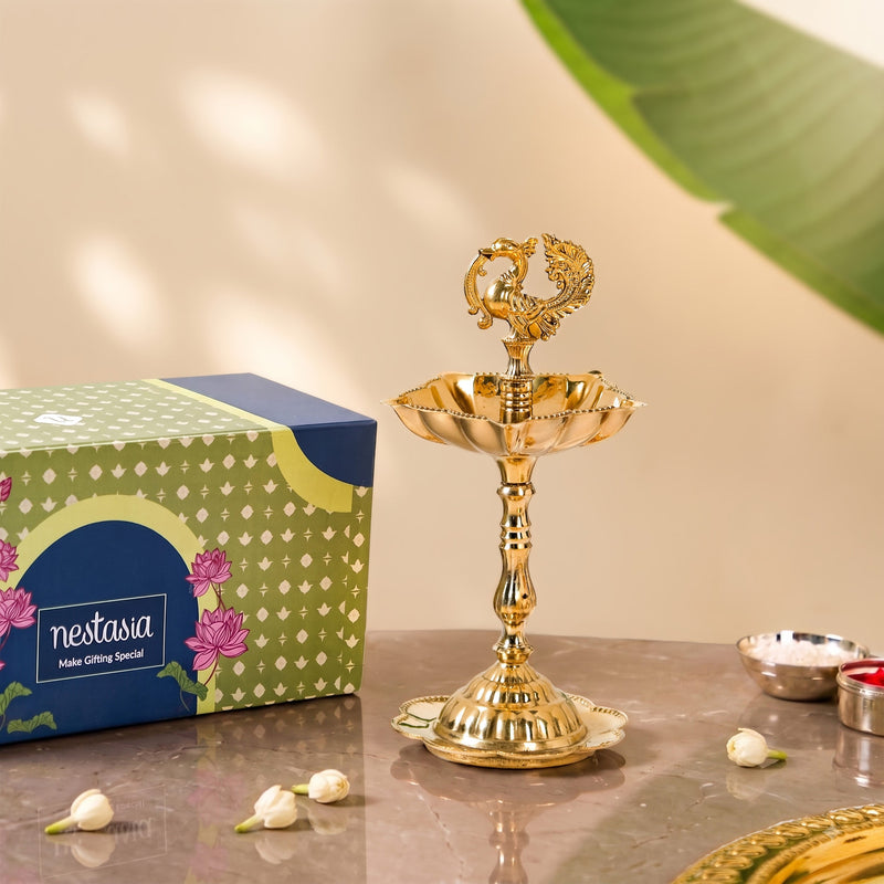 Peacock Panchmukhi Pure Brass Diya In Gift Box Nestasia