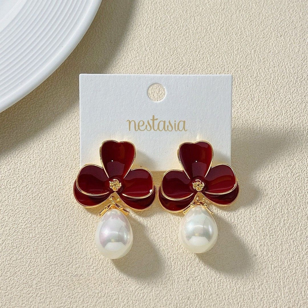 Maroon Pearl Drop Earrings Nestasia