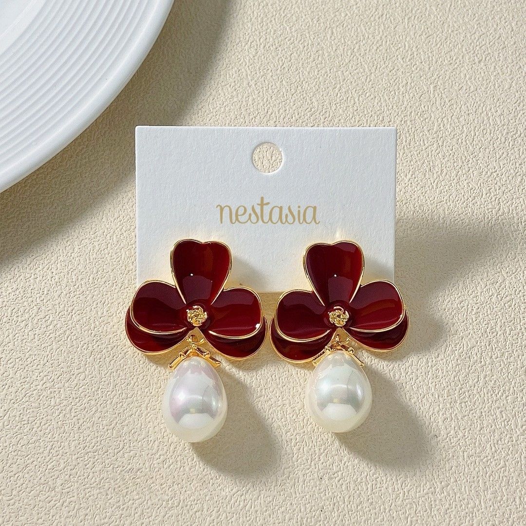 Maroon Pearl Drop Earrings Nestasia