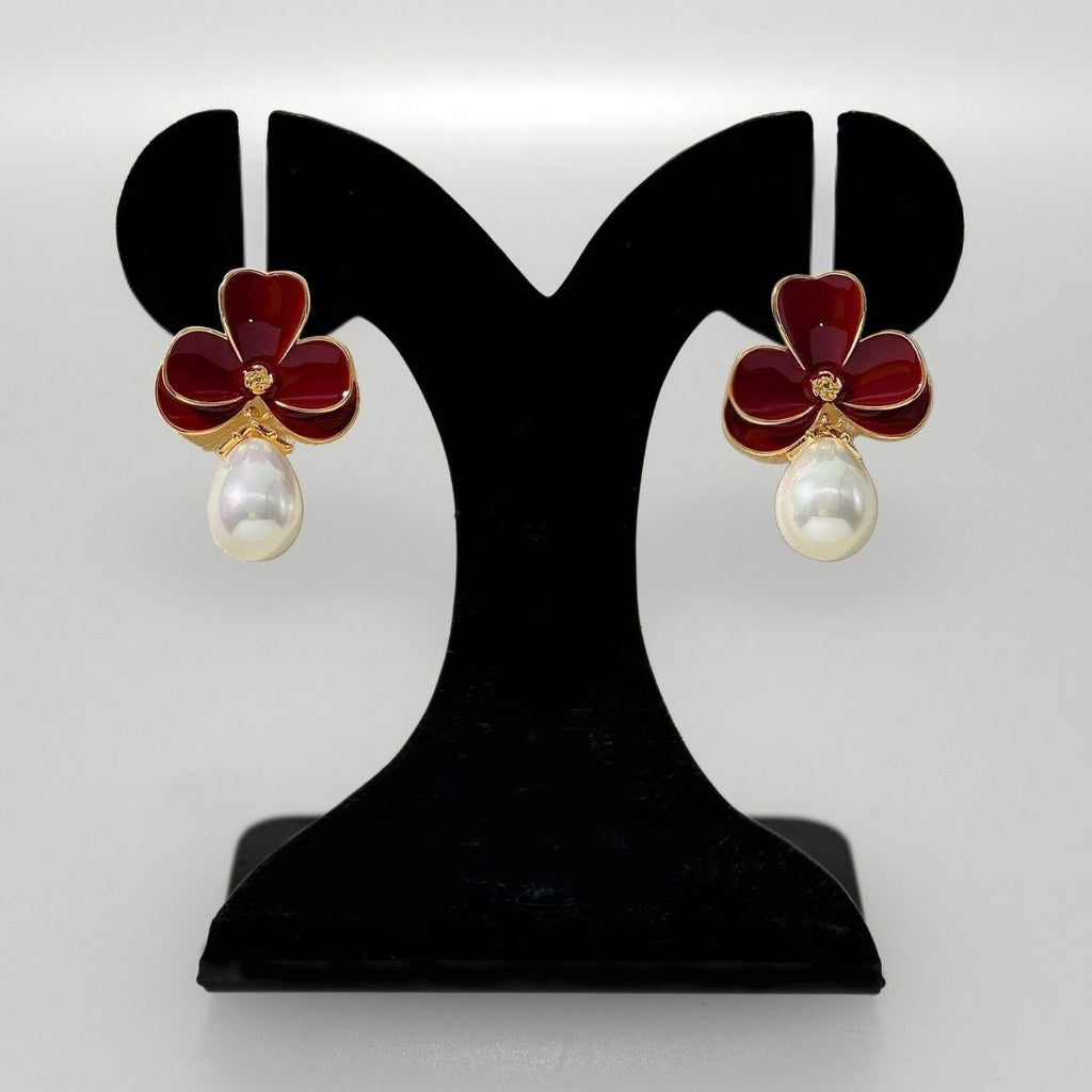 Maroon Pearl Drop Earrings Nestasia