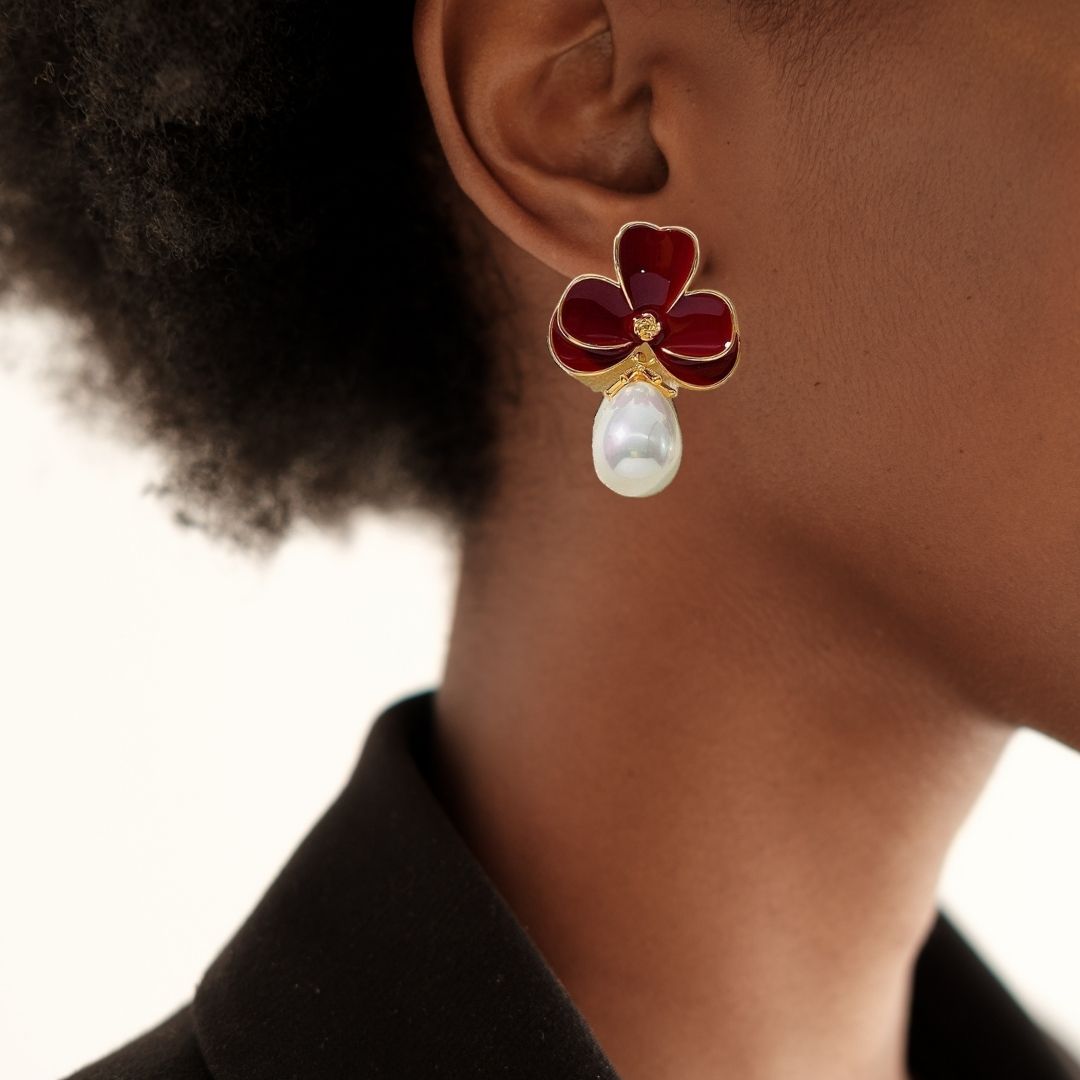 Maroon Pearl Drop Earrings Nestasia