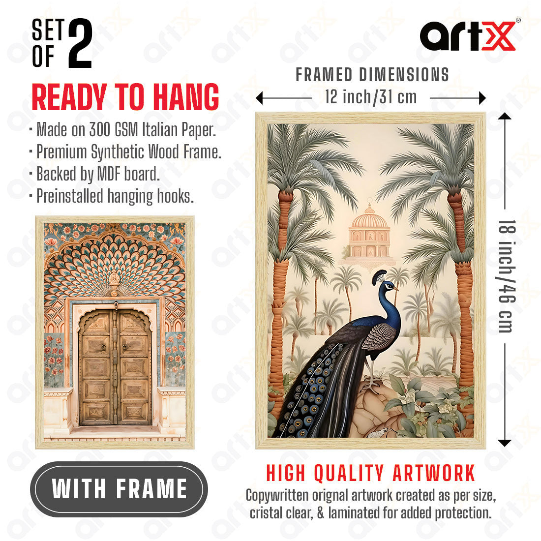 ArtX Peacock Painting For Wall Vastu, Madhubani Art Paintings, Floral Wall Painting for Living Room, Multicolor, Set of 2 AXII-28-MDB ArtX