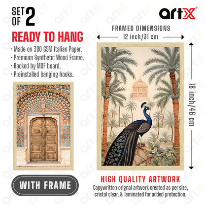 ArtX Peacock Painting For Wall Vastu, Madhubani Art Paintings, Floral Wall Painting for Living Room, Multicolor, Set of 2 AXII-28-MDB