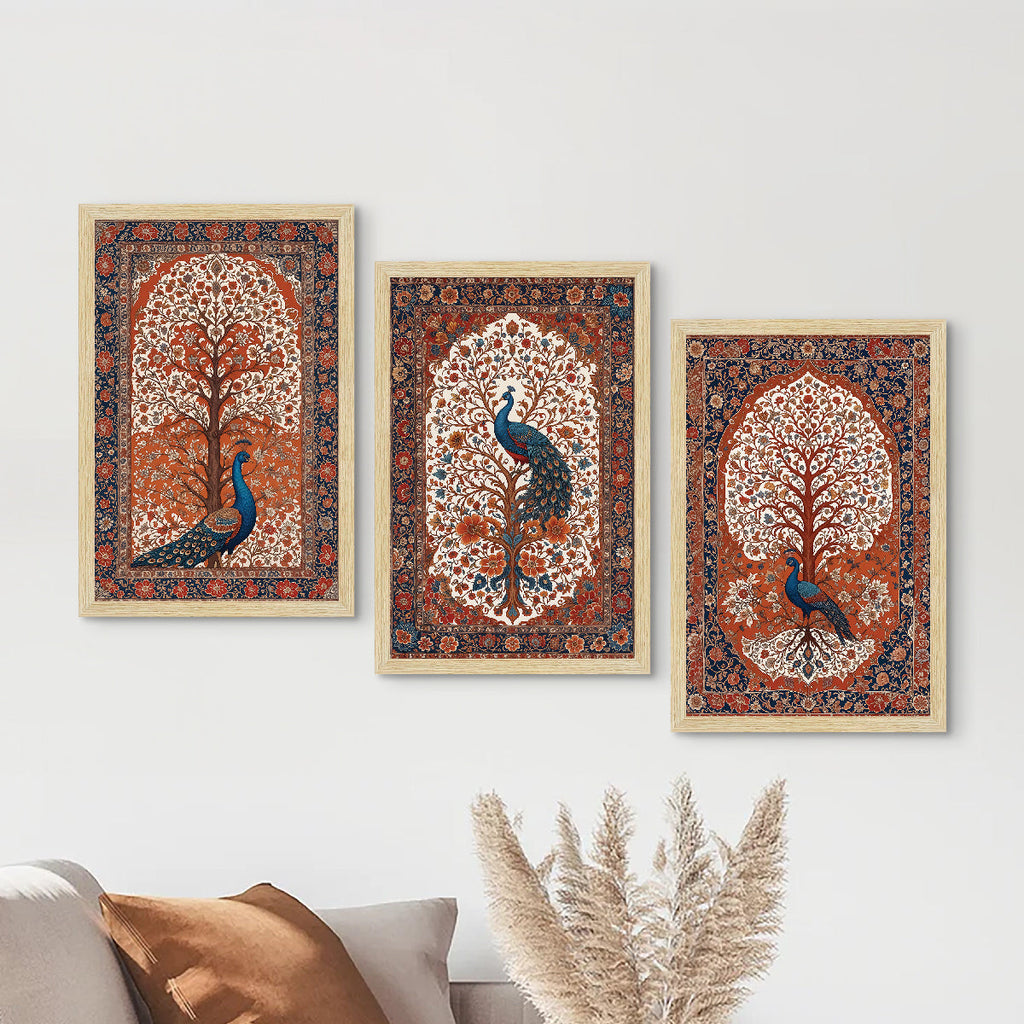 Peacock Abstract Madhubani Art Paintings, Painting For Wall Living Room, Set of 3 AXIII-56-PEA ArtX
