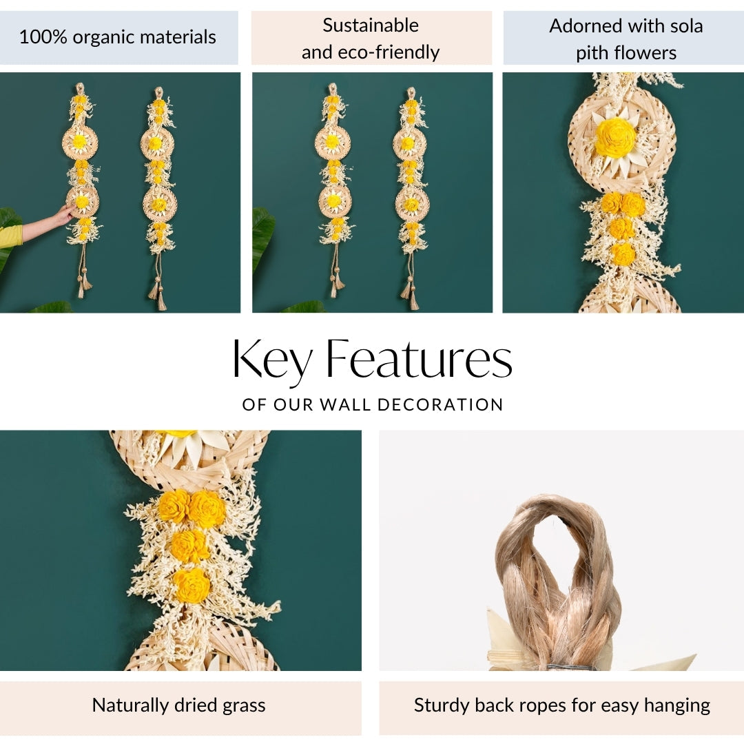 Natural Flower Jute Wall Hanging Yellow Set Of 2 Nestasia