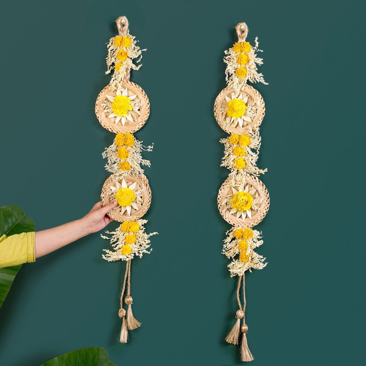 Natural Flower Jute Wall Hanging Yellow Set Of 2 Nestasia