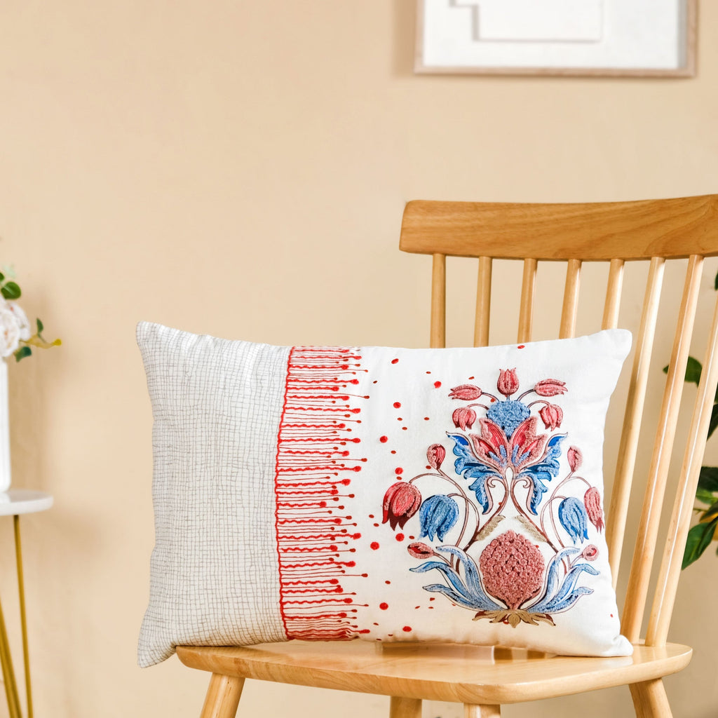 Petal Crest Embroidered Cotton Cushion Cover 50x36cm Nestasia
