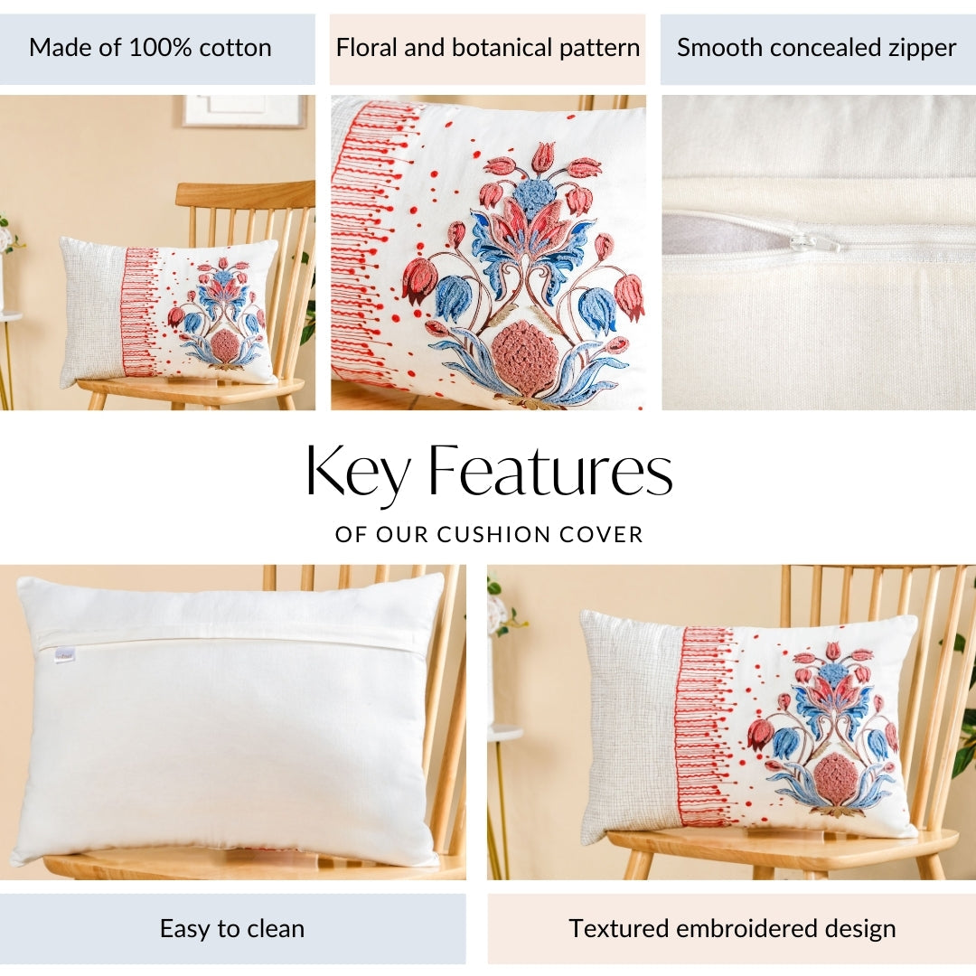 Petal Crest Embroidered Cotton Cushion Cover 50x36cm Nestasia