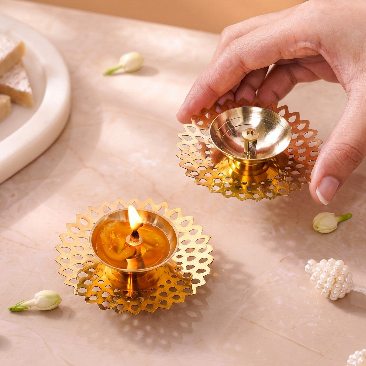 Petal Cutout Pure Brass Diya Set Of 2 In Gift Box Nestasia