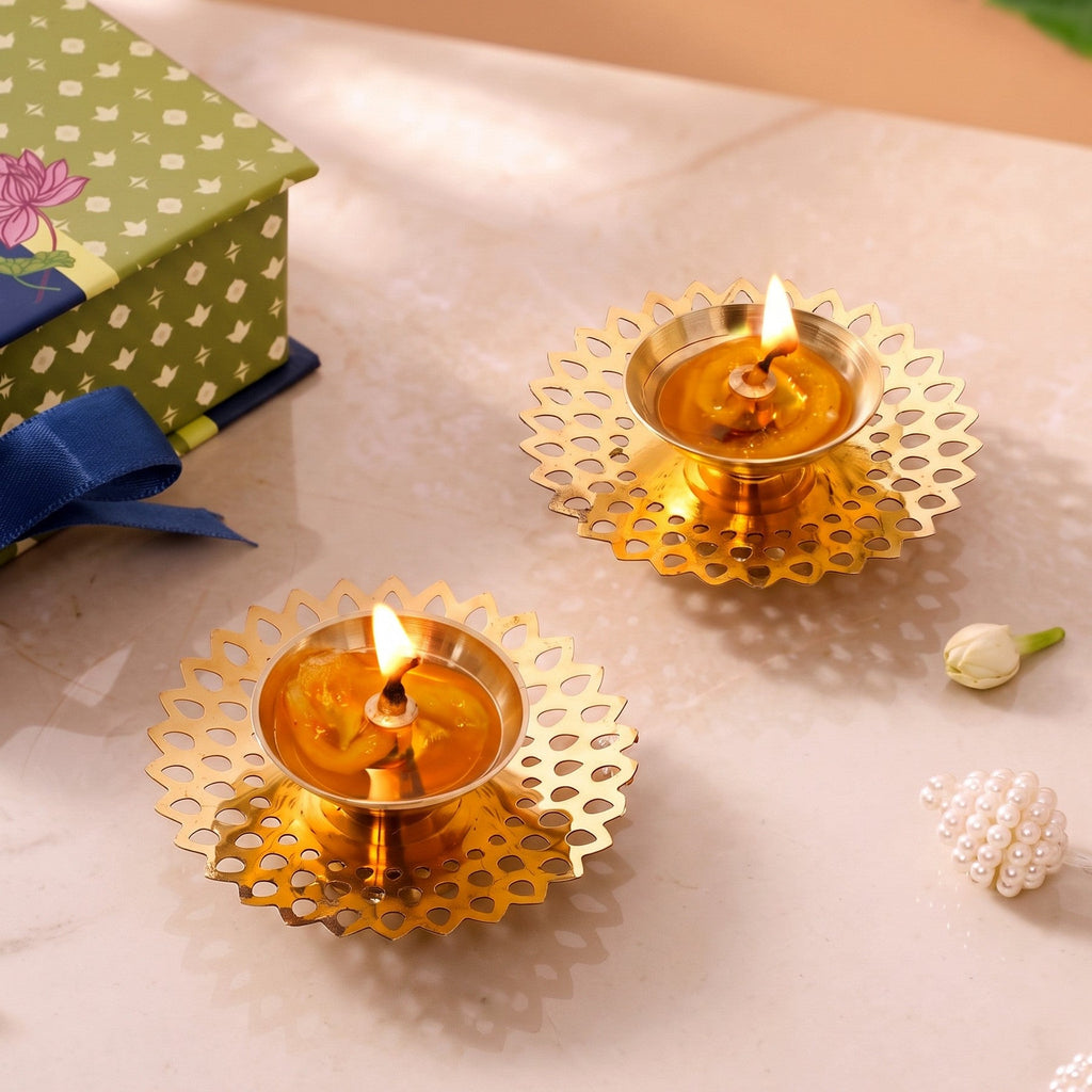 Petal Cutout Pure Brass Diya Set Of 2 In Gift Box Nestasia