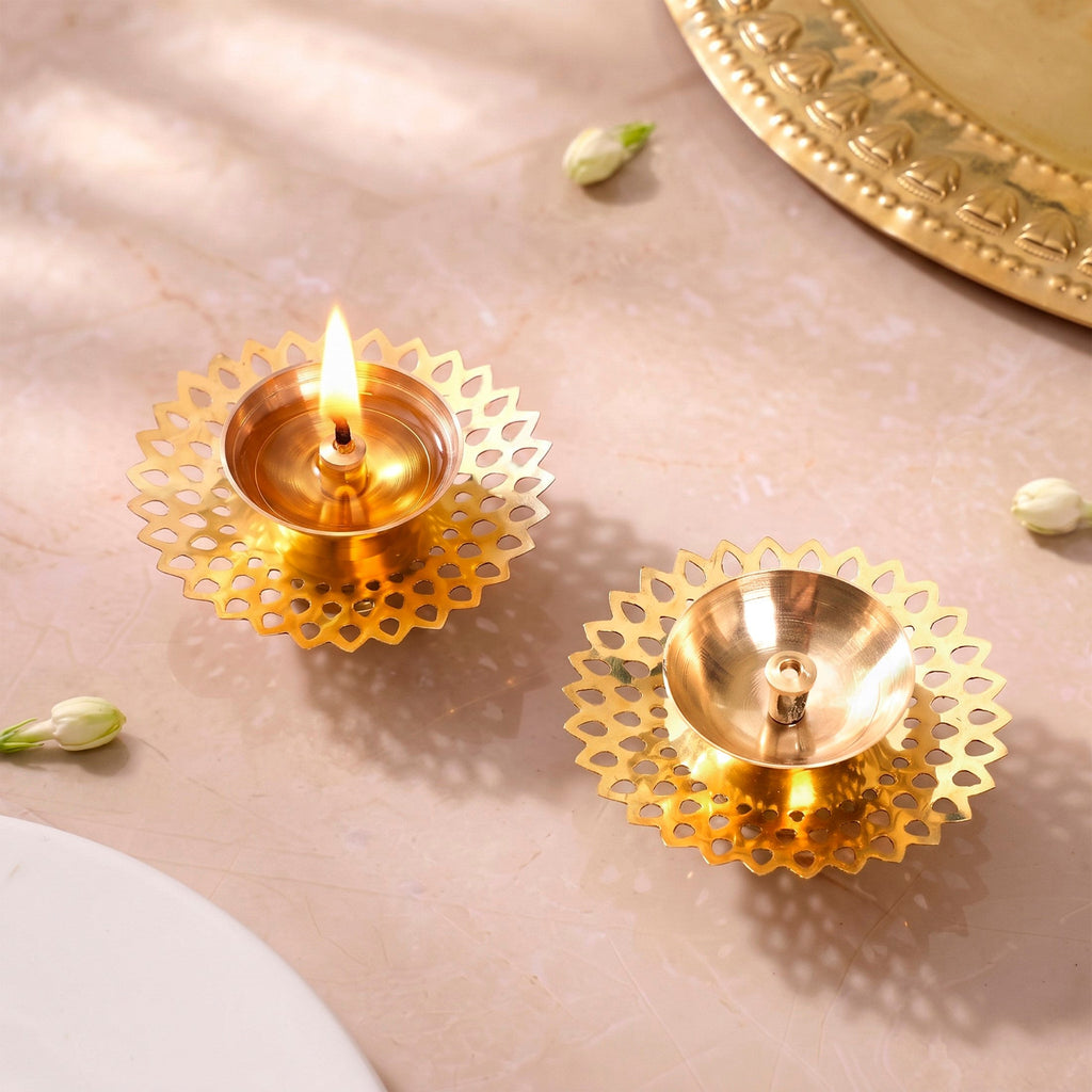 Petal Cutout Pure Brass Diya Set Of 2 In Gift Box Nestasia