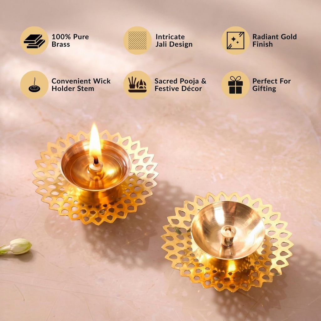 Petal Cutout Pure Brass Diya Set Of 2 In Gift Box Nestasia