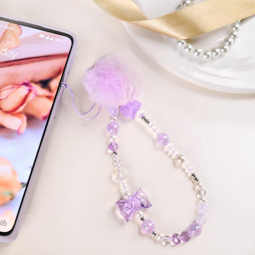 Purple Puff Pom Pom Phone Charm Strap Nestasia