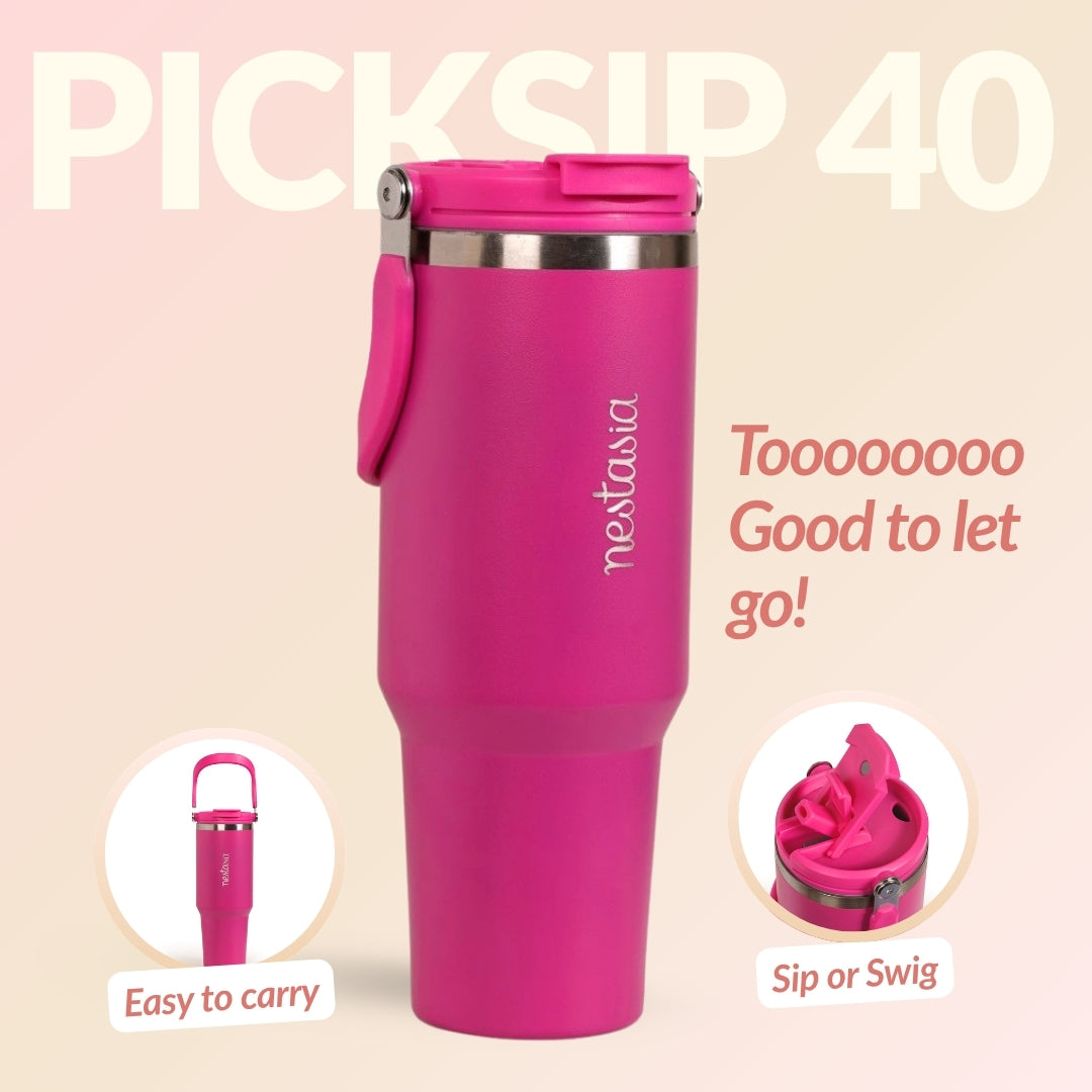 PickSip 40 Insulated Tumbler With Top Handle Electric Fuchsia Pink 1200ml Nestasia