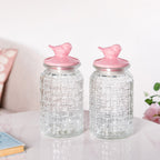 Airtight Glass Jar With Pink Bird Ceramic Lid Set Of 2 1300ml Nestasia