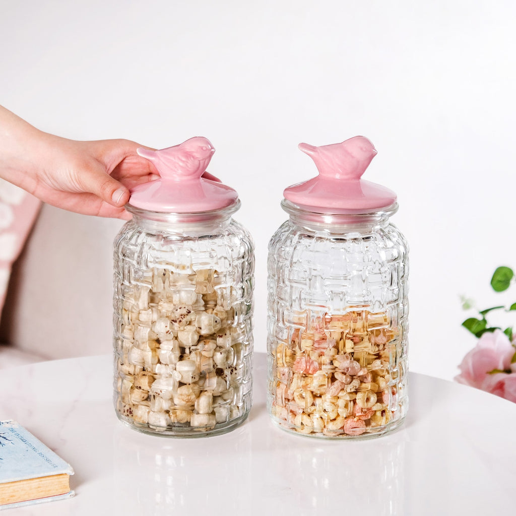 Airtight Glass Jar With Pink Bird Ceramic Lid Set Of 2 1300ml Nestasia