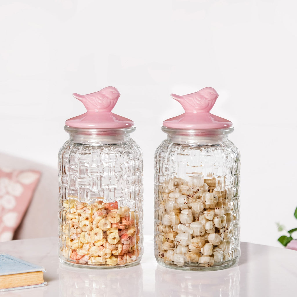 Airtight Glass Jar With Pink Bird Ceramic Lid Set Of 2 1300ml Nestasia