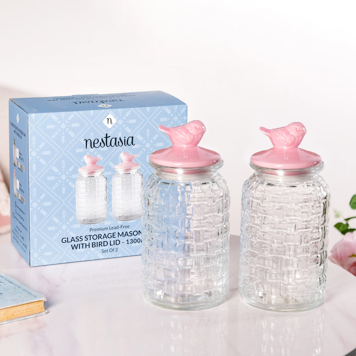 Airtight Glass Jar With Pink Bird Ceramic Lid Set Of 2 1300ml Nestasia