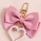 Pink Bow And Pearl Heart Cute Keychain Nestasia