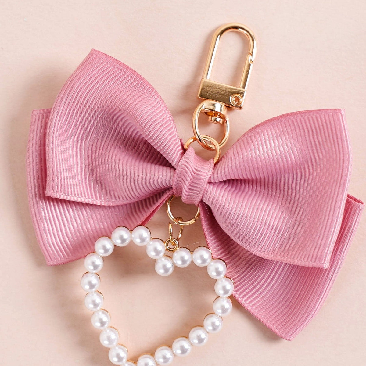 Pink Bow And Pearl Heart Cute Keychain Nestasia