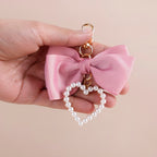 Pink Bow And Pearl Heart Cute Keychain Nestasia