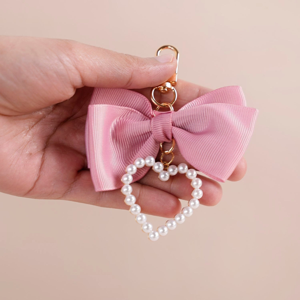 Pink Bow And Pearl Heart Cute Keychain Nestasia