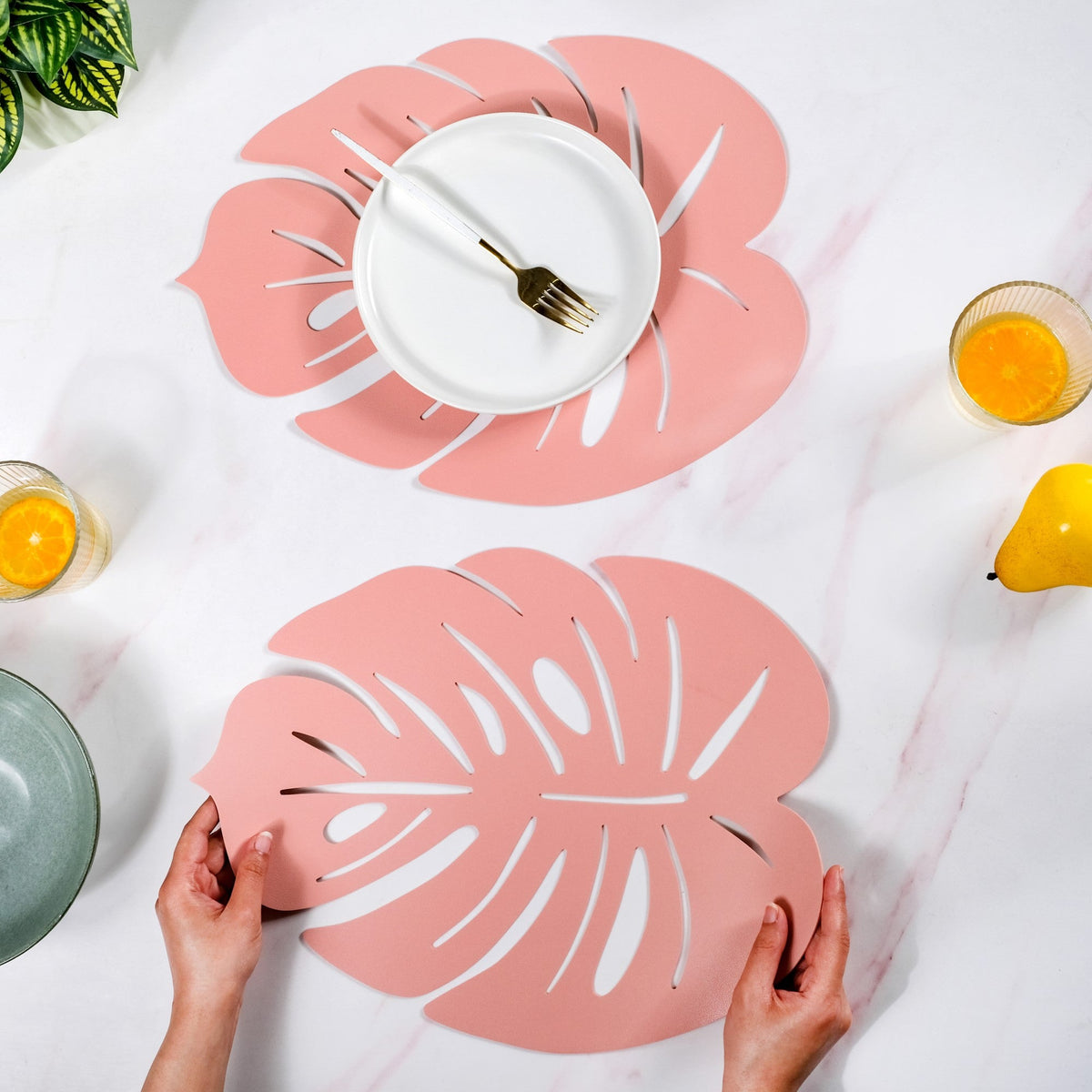 Pink Laser Cut Monstera Leaf Table Mat Set Of 6 Nestasia