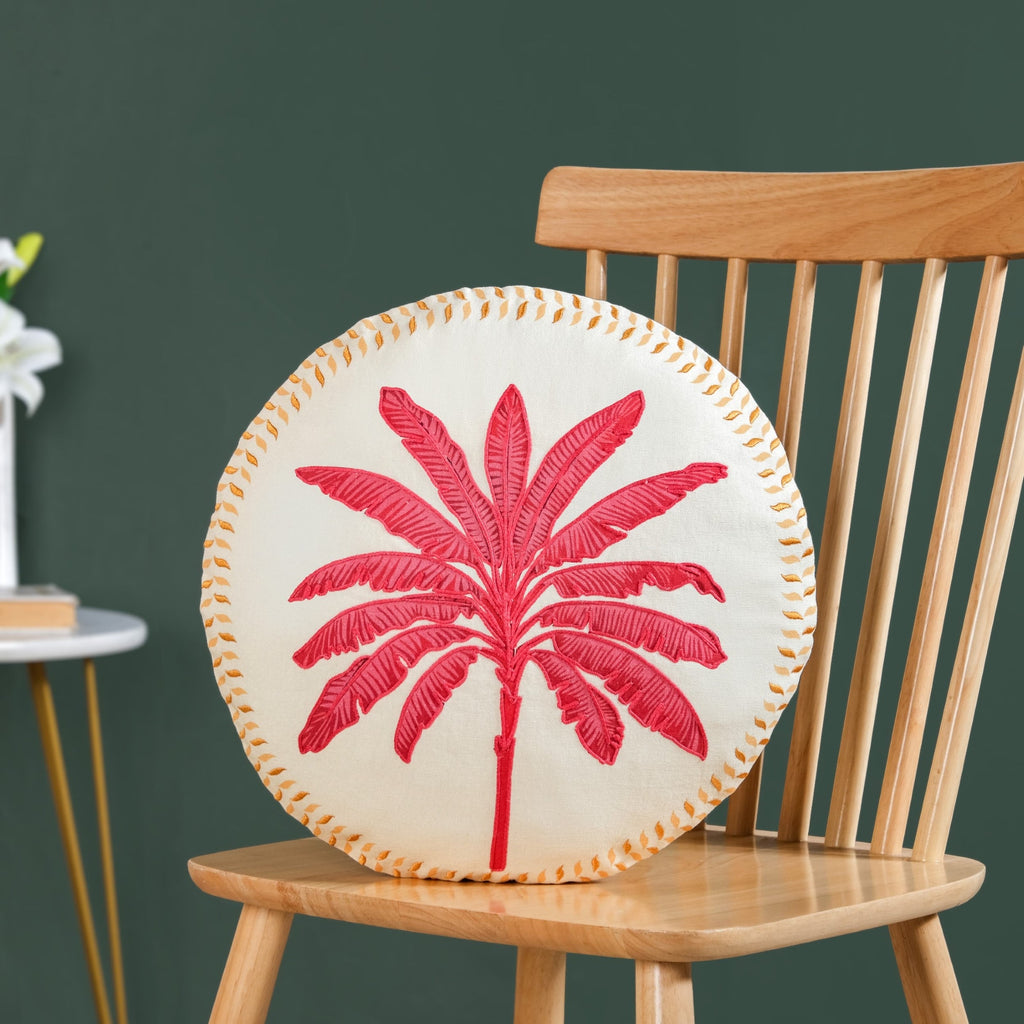 Pink Palm Embroidered Cotton Cushion Cover 45cm Nestasia