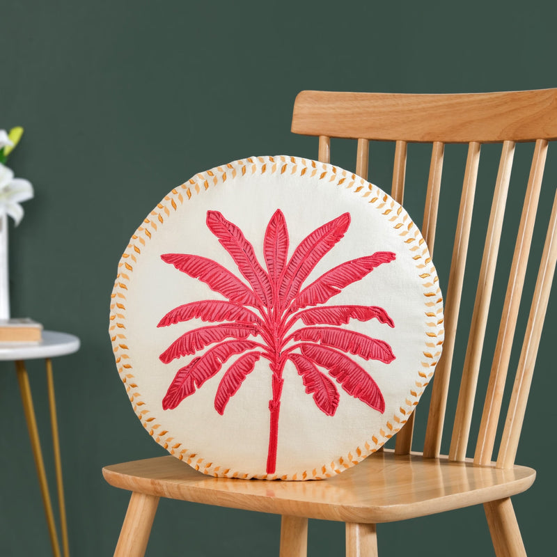 Pink Palm Embroidered Cotton Cushion Cover 45cm Nestasia