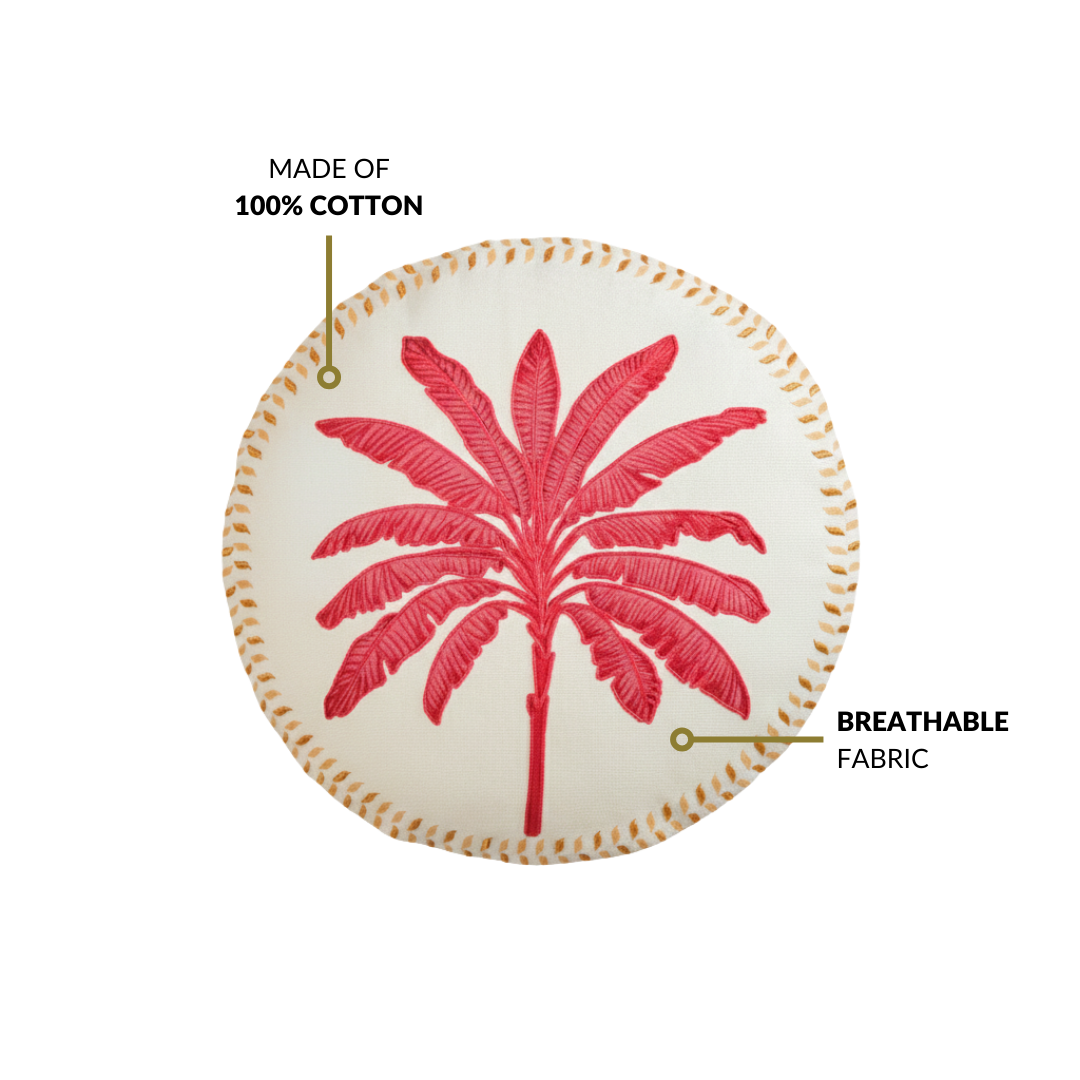 Pink Palm Embroidered Cotton Cushion Cover 45cm Nestasia