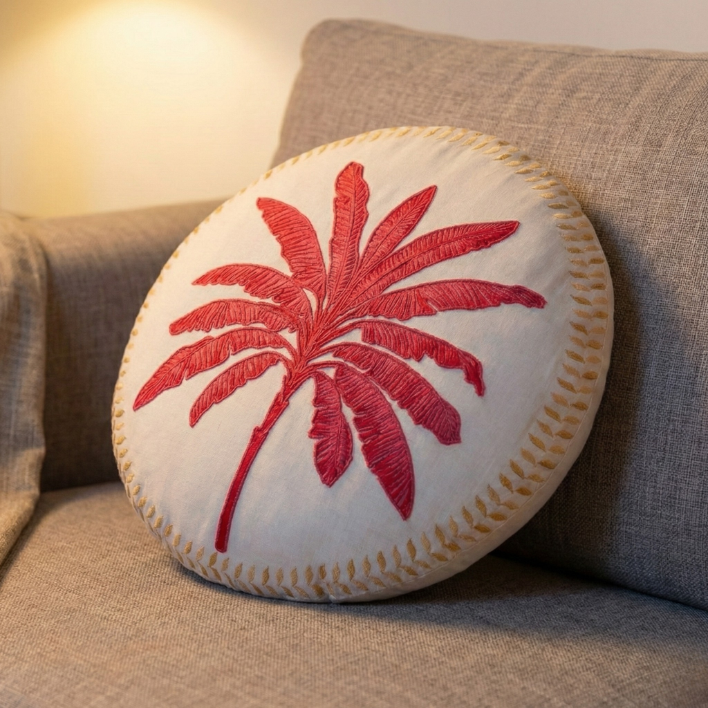 Pink Palm Embroidered Cotton Cushion Cover 45cm Nestasia