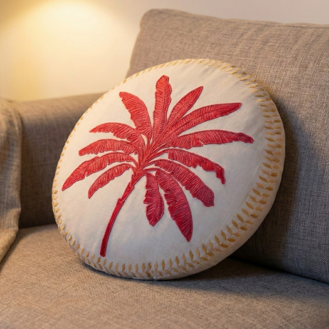 Pink Palm Embroidered Cotton Cushion Cover 45cm Nestasia
