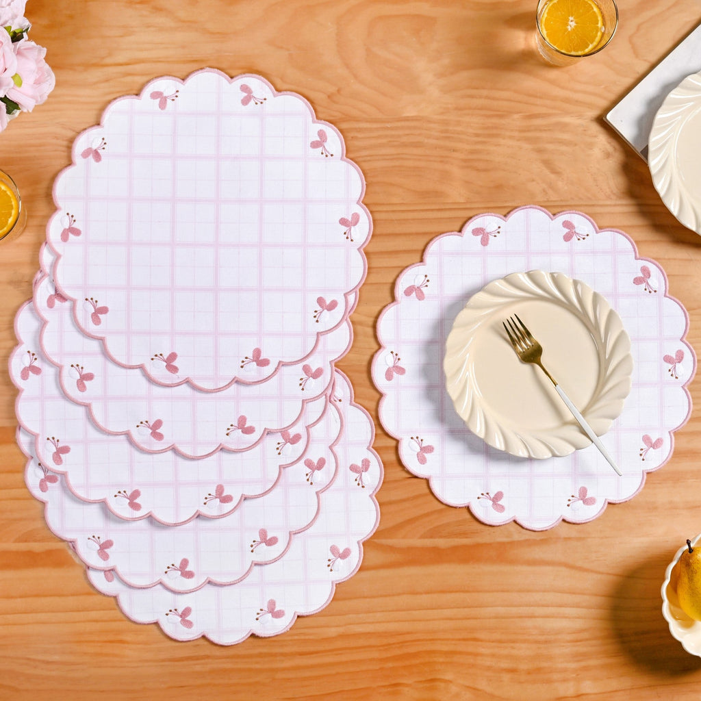 Pink Periwinkle Cotton Embroidered Table Mat Set Of 6 Nestasia
