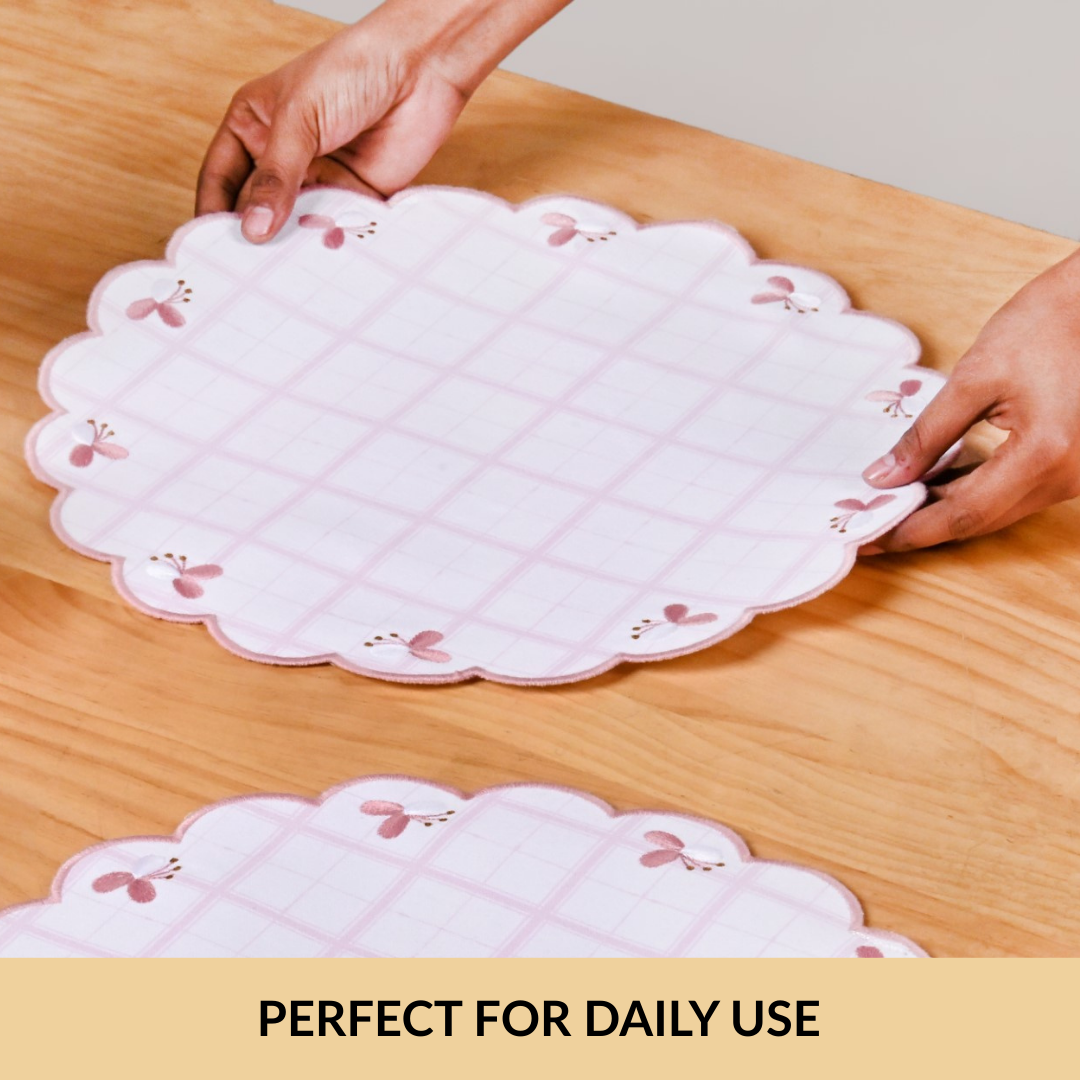 Pink Periwinkle Cotton Embroidered Table Mat Set Of 6 Nestasia