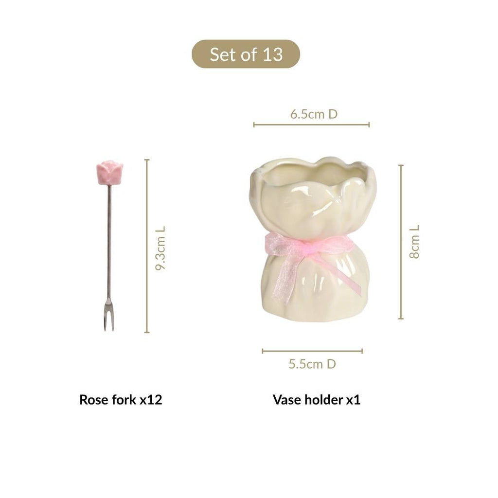 Pink Rose Fruit Fork With Ceramic Vase Set Of 13 Nestasia