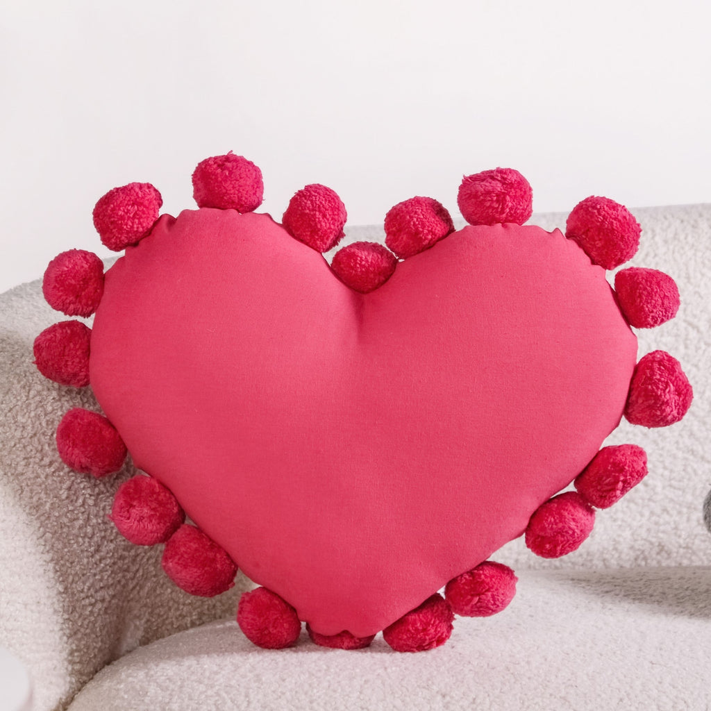Pom Pom Heart Sofa Cushion Dark Pink 40x35cm Nestasia