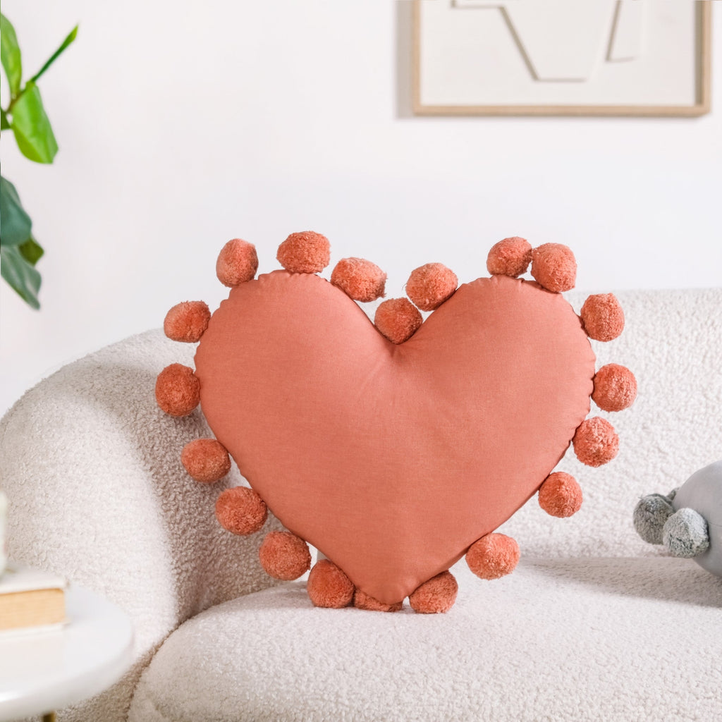 Pom Pom Heart Sofa Cushion Dusty Pink 40x35cm Nestasia