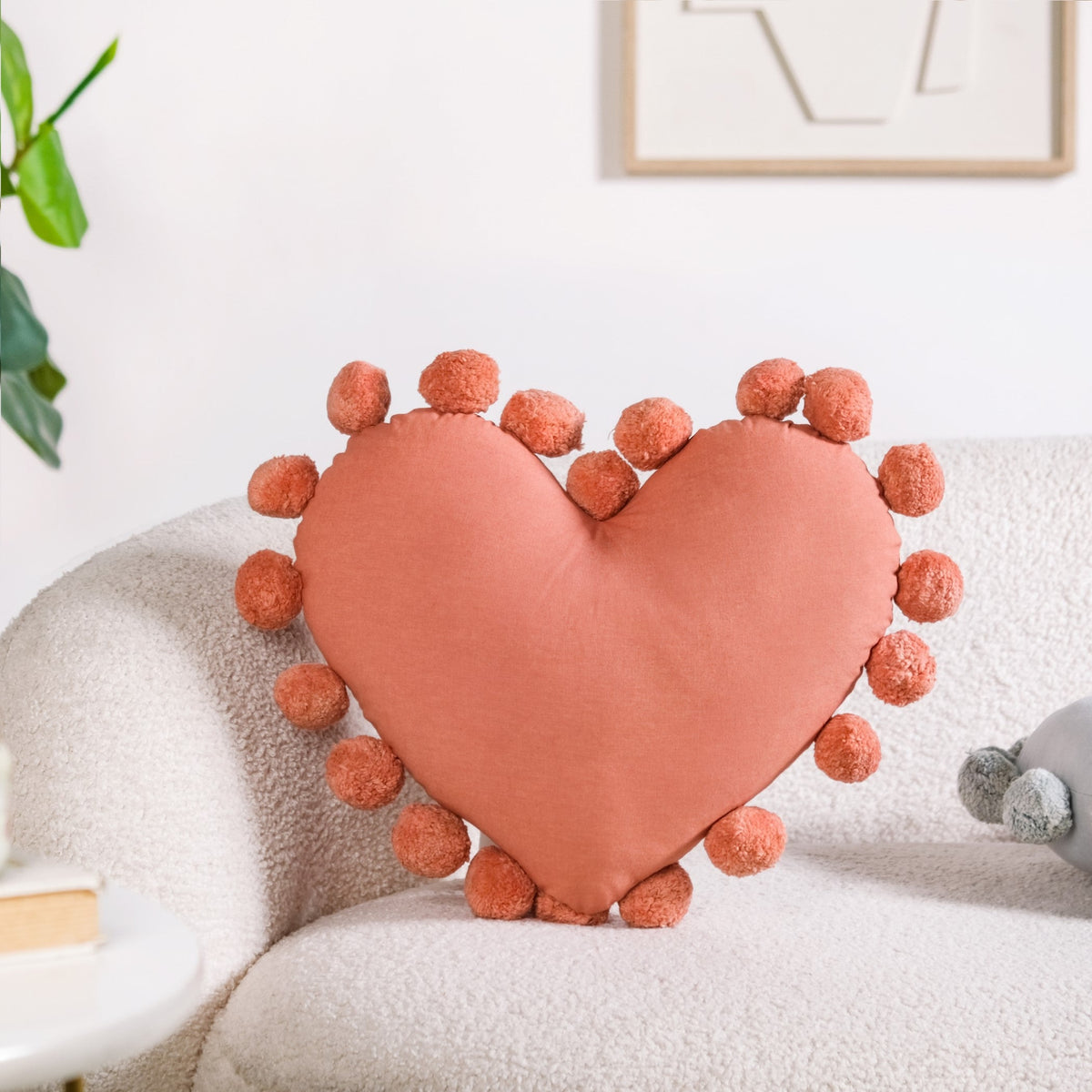 Pom Pom Heart Sofa Cushion Dusty Pink 40x35cm Nestasia