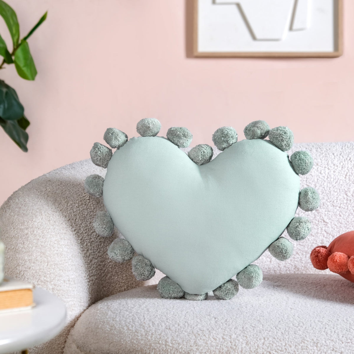 Pom Pom Heart Sofa Cushion Mint Green 40x35cm Nestasia
