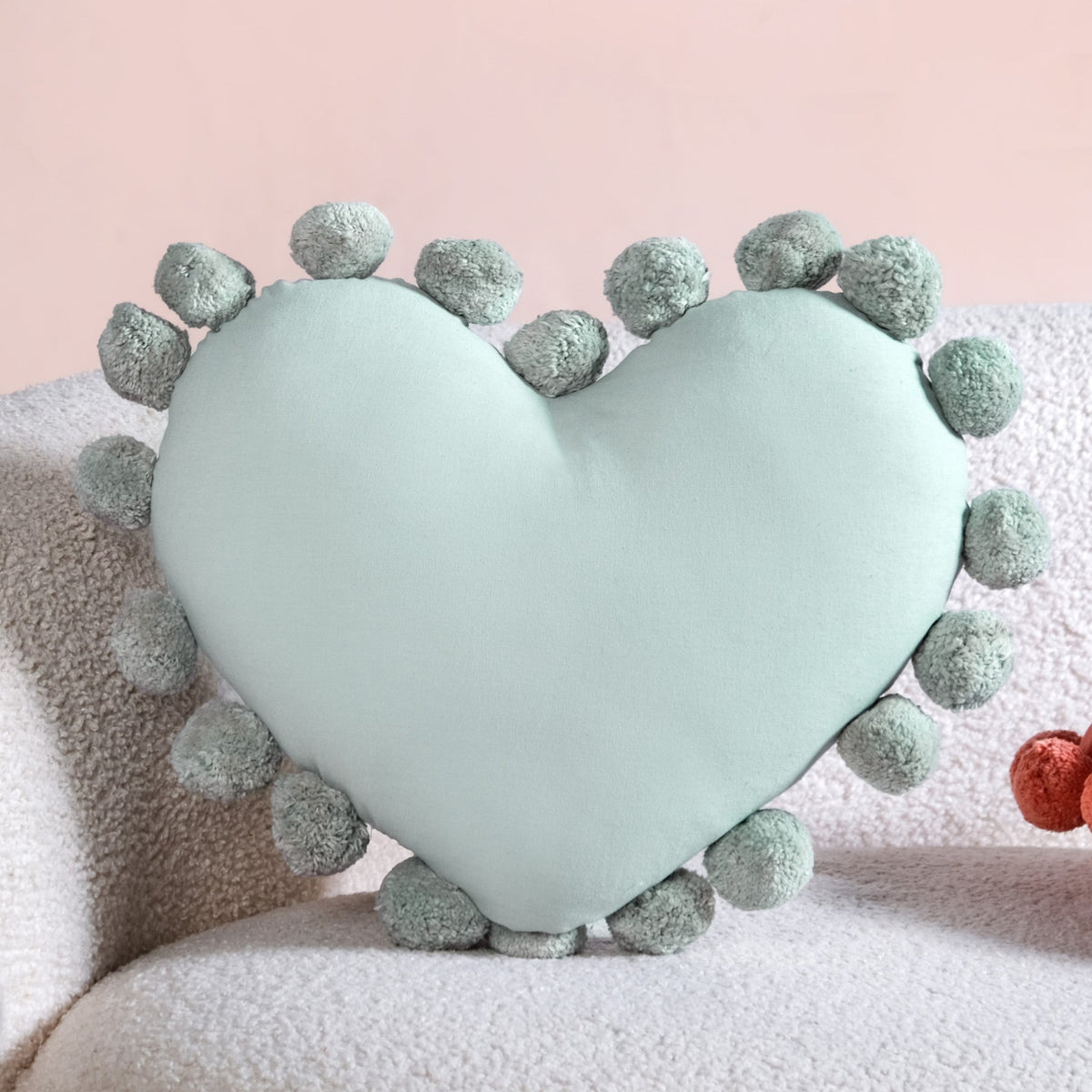 Pom Pom Heart Sofa Cushion Mint Green 40x35cm Nestasia