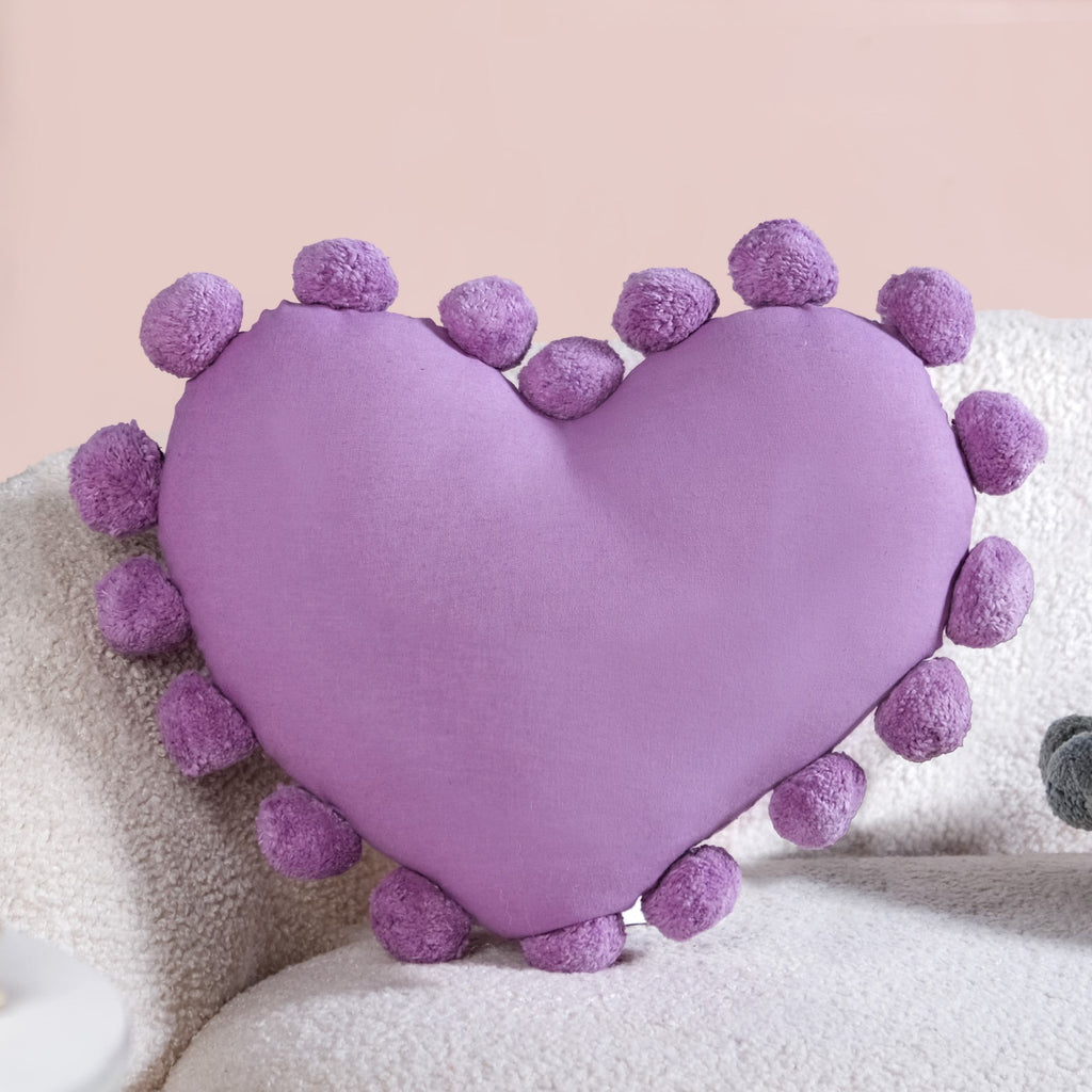 Pom Pom Heart Sofa Cushion Purple 40x35cm Nestasia
