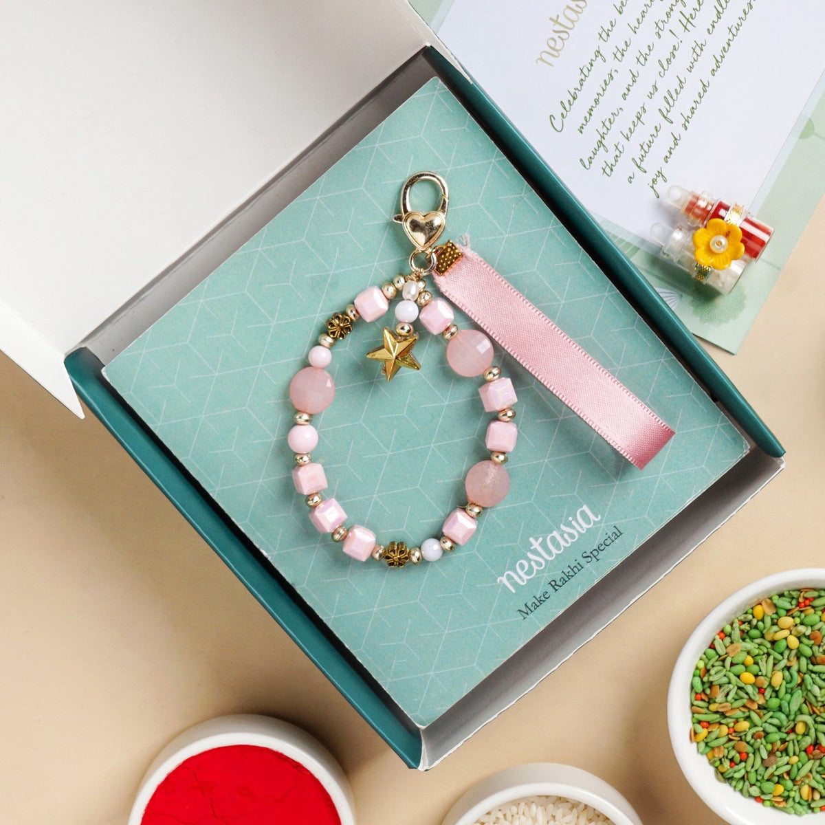 Pookie Pink Charm Bracelet Rakhi Gift Set Nestasia