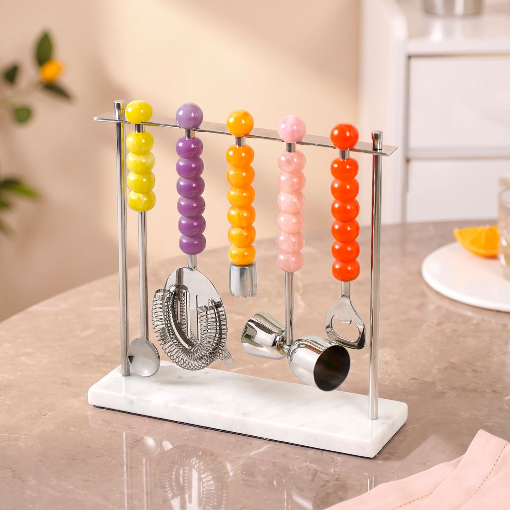 Bubble Pop Stainless Steel Bar Tool Set Of 5 With Stand Nestasia