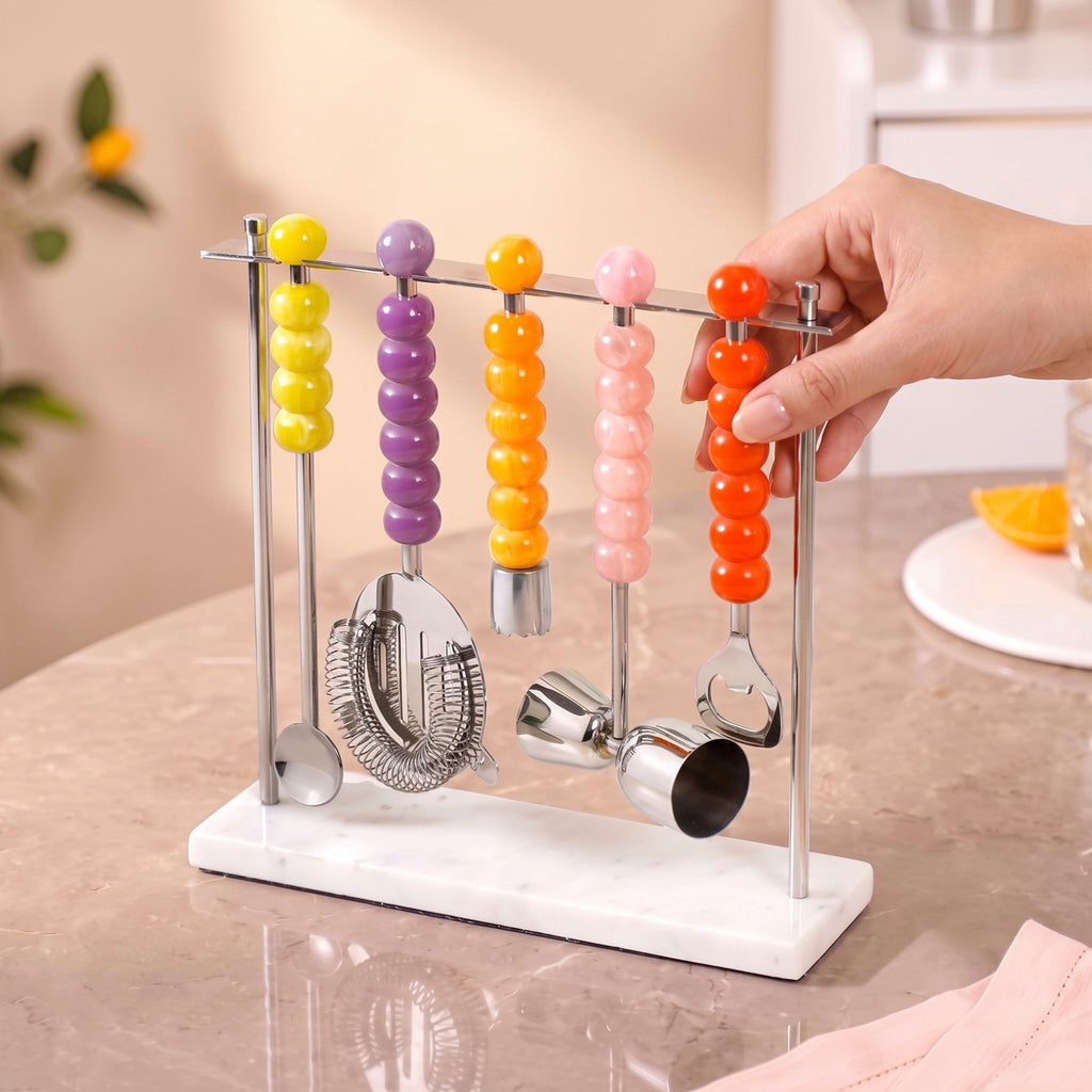 Bubble Pop Stainless Steel Bar Tool Set Of 5 With Stand Nestasia